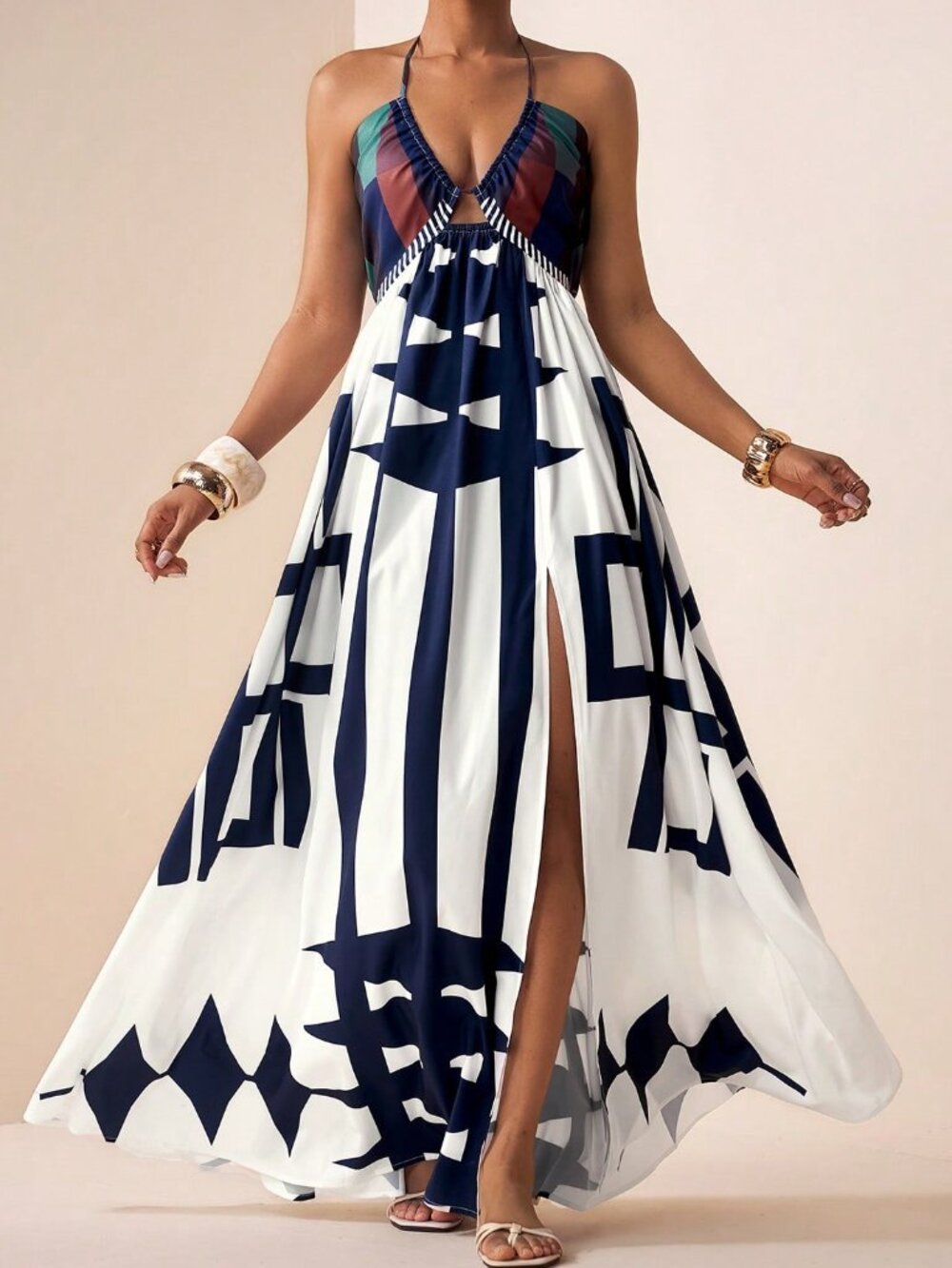 Multicolor Boho Women's Maxi Dress with Spaghetti Straps and Deep V-Neck - Picture 3 of 9